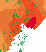 This Environment Canada seasonal forecast map shows the percentage probability of above normal temperatures in the Maritimes for the fall 2014. The map uses colour shading and contours. The scale ranges from 40 % (yellow) to 100% (red) in 10% increments. The map shows the probability of above normal temperatures is 60 to 70% over the northern half of New Brunswick, increasing over the south half of New Brunswick and much of Nova Scotia to 70-80%. The probability of above normal temperatures is 80-90% over southern Nova Scotia.