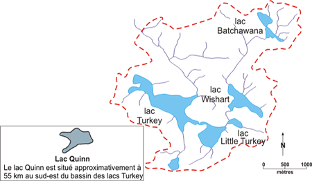 Carte de Figure 1: Lacs utilisés pour l'expérience de Manipulation. Le Lac Batchawana sert de contrôle. Le lac Quinn est situé approximativement à 55 km au sud-est du bassin des lacs Turkey. Carte de Figure 1: Lacs utilisés pour l'expérience de Manipulation. Le Lac Batchawana sert de contrôle. Le lac Quinn est situé approximativement à 55 km au sud-est du bassin des lacs Turkey.