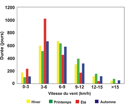 Graphique de Distribution de la moyenne des vitesses journalières du vent, par saison, de 1980 à 2001.