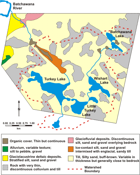 Map of Surficial geology of the Turkey Lakes Watershed