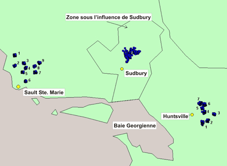 Carte de Figure 1: Position des sites d'étude du programme SCF-TADPA, Le programme de bio-surveillance SCF-TADPA enquête sur près de 230 lacs dans la région d'Algoma elle même subdivisée en 9 sections.