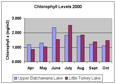 Graph of Chlorophyll a concentrations measured in two of the lakes during the ice-free season of 2000.