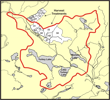 A closeup map of the Harvest Treatment Locations with the watershed boundaries in red.