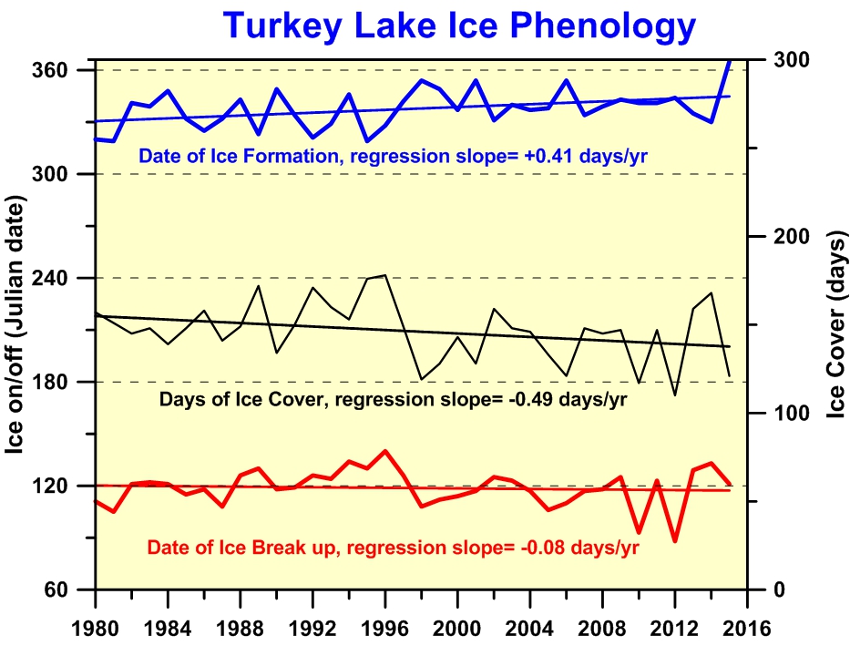 Graph of Figure 2: Julian Date (± 3 days) of spring ice break-up (thick red line) and fall ice formation (thick blue line) in Turkey Lake from 1980 to 2015. The thick black line shows the resulting days of ice cover. Associated thin solid lines are the linear regressions.