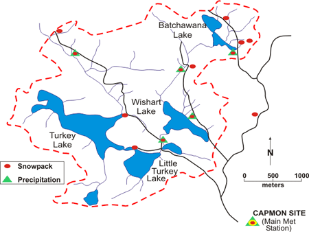 Map of Figure 1: Location of the main meteorology, precipitation and snowpack sites.