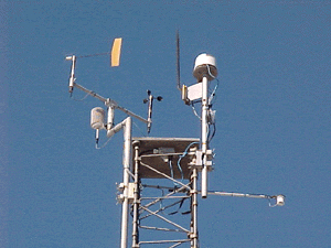 Detailed picture of The 10m tower which supports all the sensors for measuring wind, temperature, relative humidity, solar radiation, etc. Detailed picture of The 10m tower which supports all the sensors for measuring wind, temperature, relative humidity, solar radiation, etc.