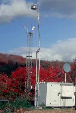 Picture of The 10m tower which supports all the sensors for measuring wind, temperature, relative humidity, solar radiation, etc. (detail below).