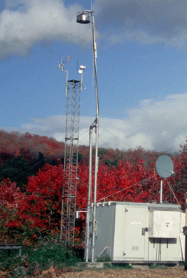 Picture of The 10m which supports all the sensors for measuring wind, temperature, relative humidity, solar radiation, etc. (detail below). Picture of The 10m tower which supports all the sensors for measuring wind, temperature, relative humidity, solar radiation, etc. (detail below).
