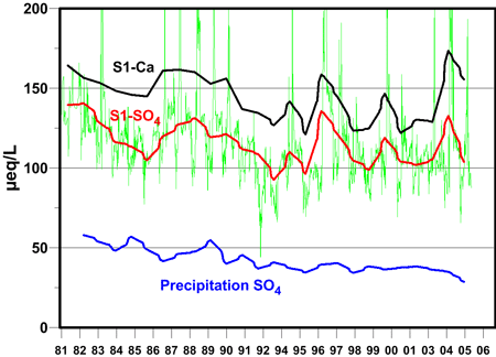 Graph of Calcium (Ca) and sulphate (SO4) observed at stream station S1 and sulphate measured in precipitation. The thick lines are average annual concentrations. The thin green line shows weekly sulphate concentrations to illustrate the short-term variability normally present in monitoring data.