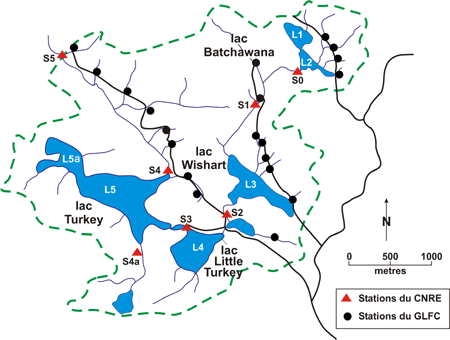 Figure 1: Emplacement des stations de mesure et d'échantillonnage du INRE et du CFGL.