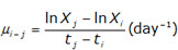 mu sub (i minus j) equals (ln (X sub j) minus ln (X sub i)) divided by (t sub j minus t sub i) per day