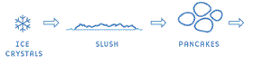 Diagram of ice growth from ice crystals to slush to pancake ice.