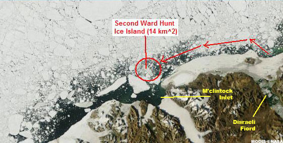 MODIS image of second Ward Hunt Ice Island moving down the open water lead July 31 2008