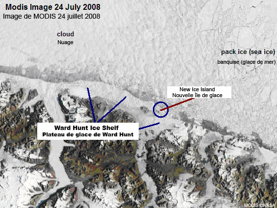 Image MODIS du plateau de glace Ward Hunt (prise le 24 juillet 2008)