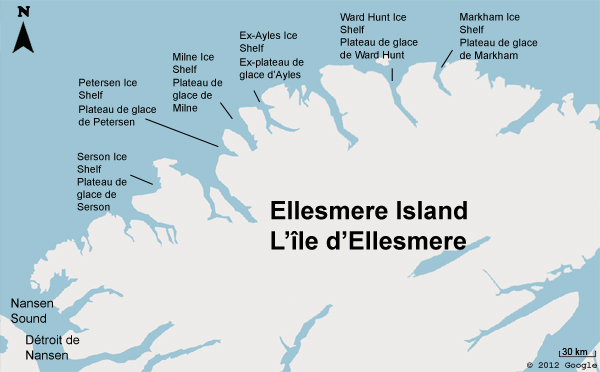 Diagram of Ellesmere Island's ice shelves: Serson, Petersen, Milne, Ayles, Ward Hunt, and Markham.