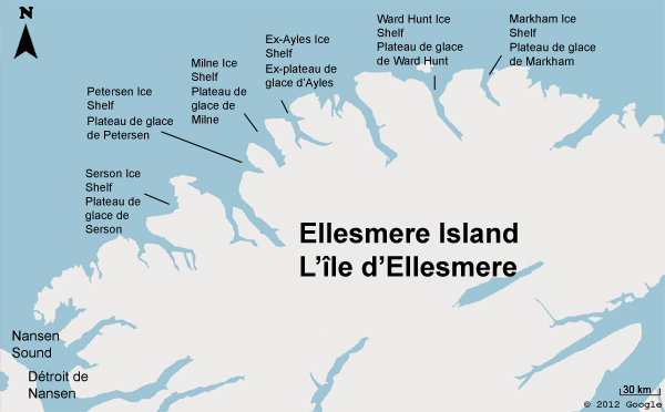 Diagramme des plateaux de glace de l'île d'Ellesmere: Serson, Petersen, Milne, d'Ayles, Ward Hunt, et Markham.