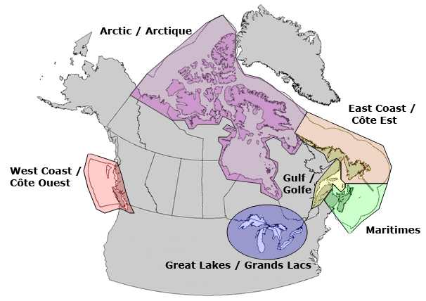 Carte du Canada mettant en évidence les six régions de surveillance du programme SIPPS : Côte Ouest, l'Arctique, la Côte Est, le Golfe, les Maritimes et les Grands Lacs.