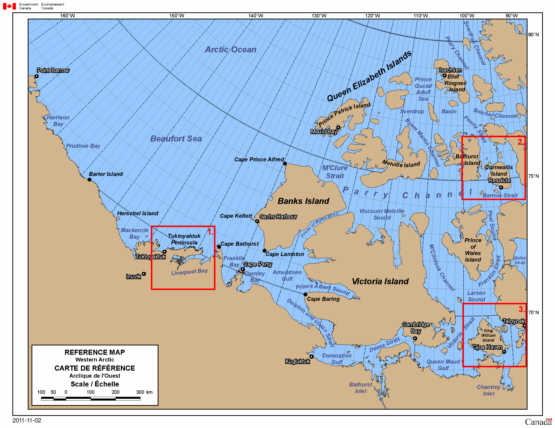 Map of Western Arctic (160° to 90° West and 80° to 68° North)