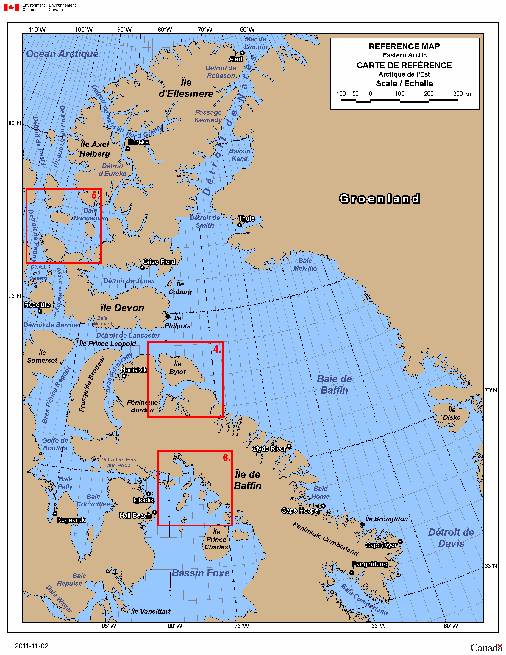 Carte de l'Arctique de l'Est (110° à 55° Ouest et 83° à 65° Nord).
