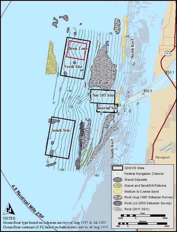 Example of constraint mapping within zone of siting feasibility to identify candidate disposal sites. Map shows candidate sites (North and South) and recreational fishing areas.
