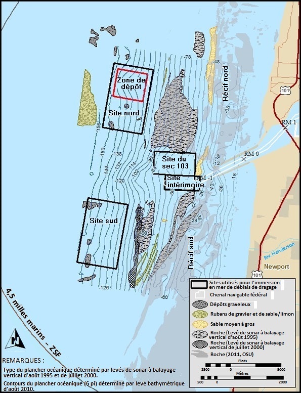 Exemple de cartographie thématique dans une zone d’étude de faisabilité de site visant à déterminer des sites d’immersion possibles. La carte montre les sites possibles (au nord et au sud) et les aires de pêche récréative.