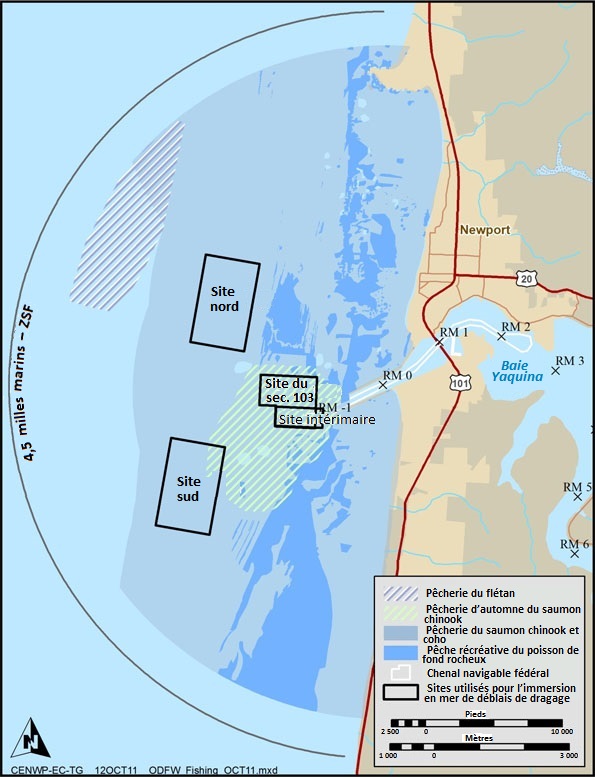 Exemple de cartographie thématique dans une zone d’étude de faisabilité de site visant à déterminer des sites d’immersion possibles. La carte cerne les zones utilisées à des fins d’activités récréatives humaines (c. à d. kayak, surf, nage, plongée avec tuba et plongée en scaphandre autonome) ainsi que les types de sédiment (USEPA 2012).