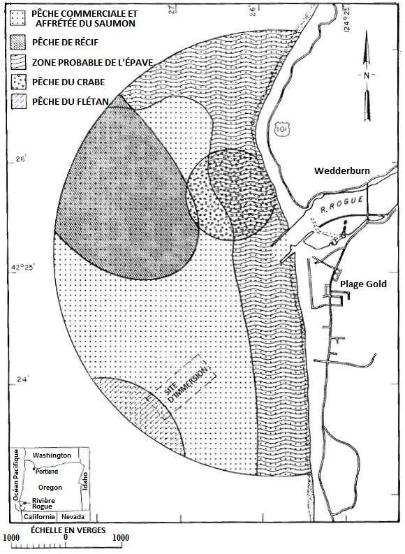 Carte montrant le site d’immersion proposé par rapport aux zones de naufrages possibles, de pêche et de pêche coquillière dans les environs (USEPA 2008).