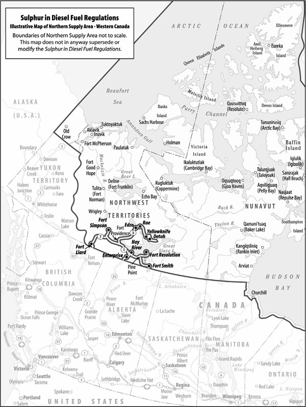 Sulphur in Diesel Fuel Regulations - Illustrative Map of Northern Supply Area, Western Canada