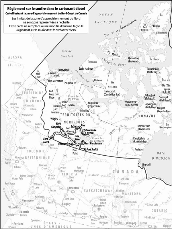Règlement sur le soufre dans le carburant diesel - Carte illustrant la zone d'approvisionnement du Nord-Ouest du Canada