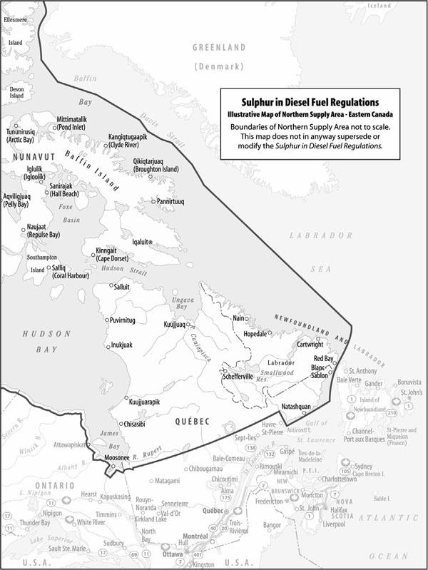 Sulphur in Diesel Fuel Regulations - Illustrative Map of Northern Supply Area, Eastern Canada