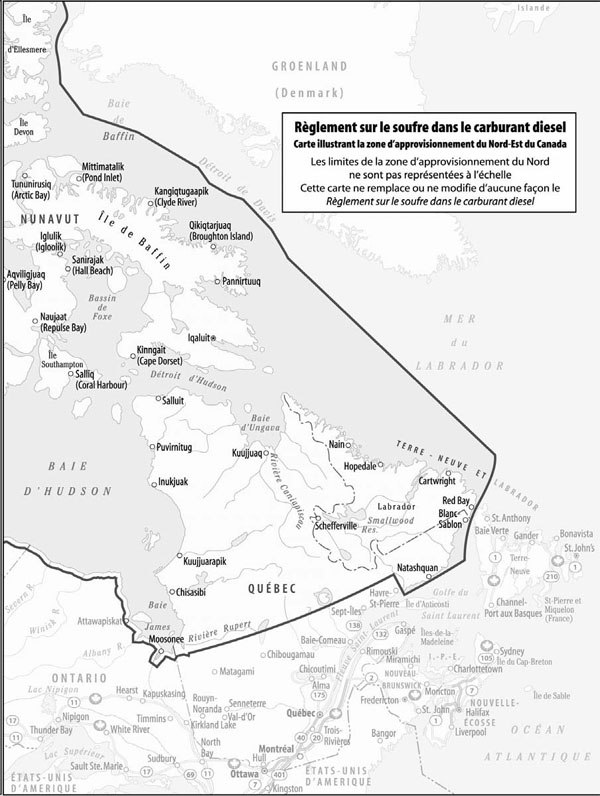 Règlement sur le soufre dans le carburant diesel - Carte illustrant la zone d'approvisionnement du Nord-Est du Canada 