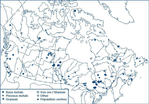 Figure 1-1: Distribution of mining facilities subject to the Metal Mining Effluent Regulations in Canada in 2007.