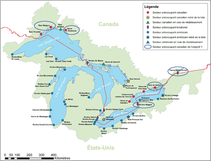 Carte des secteurs préoccupants des Grands Lacs. Voir description longue ci-dessous.