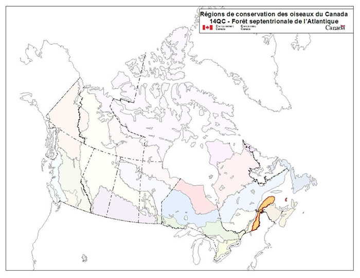 Carte des régions de conservation des oiseaux du Canada montrant la RCO 14 Qc : Forêt septentrionale de l'Atlantique. Voir description longue ci-dessous.