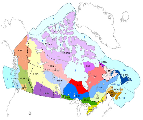 Carte de 12 régions de conservation au Canada. Voir la description textuelle longue ci-dessous.