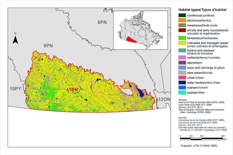 Carte de la couverture terrestre dans la RCO 11 de la région des Prairies et du Nord : Cuvettes des Prairies.