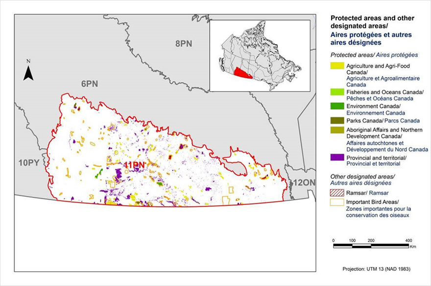 Map of protected and designated areas in BCR 11 Prairie and Northern Region: Prairie Potholes.