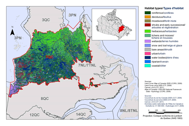 Carte de la RCO 7 du Québec avec les différents types d'habitat qui sont illustrés. Voir description longue ci-dessous.