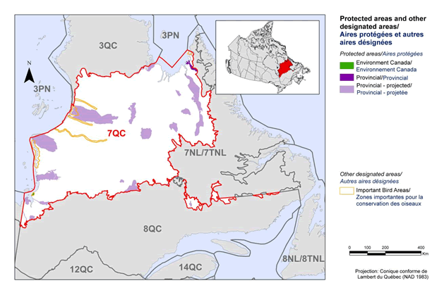 Carte des aires protégées et des zones désignées à l'intérieur et à proximité de RCO 7 QC. Voir description longue ci-dessous.