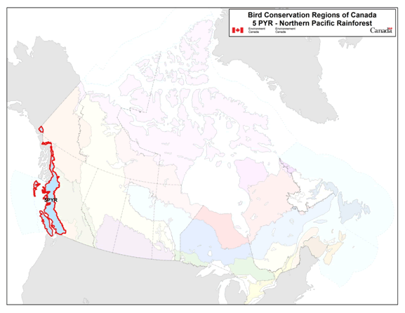 Map of the Bird Conservation Regions of Canada, with BCR 5, Pacific and Yukon Region: Northern Pacific Rainforest
