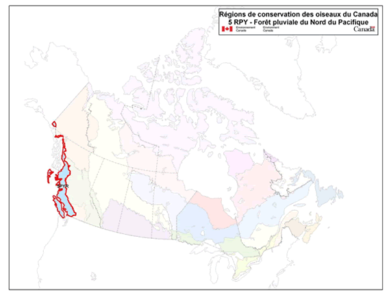 Carte pour Stratégie de conservation des oiseaux pour la région de conservation des oiseaux 5 de la région du Pacifique et du Yukon : Forêt pluviale du Nord du Pacifique