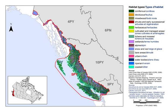 Map of the landcover in BCR 5 Pacific and Yukon Region: Northern Pacific Rainforest. The various habitat types that exist in BCR 5 are shown
