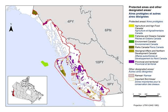 Figure 2. Map of protected and designated areas in BCR 5 Pacific and Yukon Region: Northern Pacific Rainforest