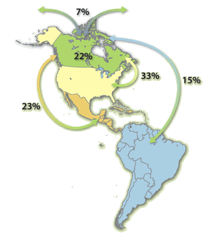 Map showing the percent of Canadian breeding birds that migrate to regions outside of Canada for part of their life cycle