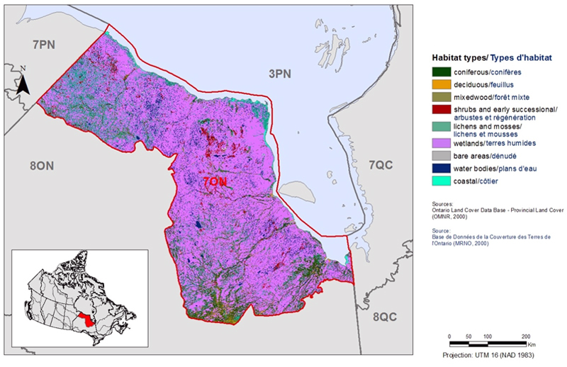 Map of the landcover in BCR 7 Ontario Region: Taiga Shield and Hudson Plains. The various habitat types that exist in BCR 7 are shown in various colours. See long description below.
