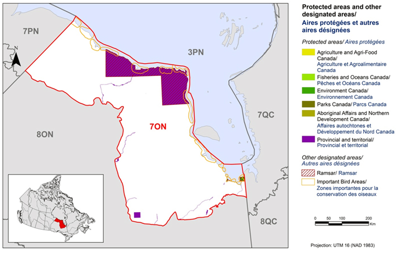 Map of protected and designated areas in BCR 7 Ontario Region: Taiga Shield and Hudson Plains. See long description below.