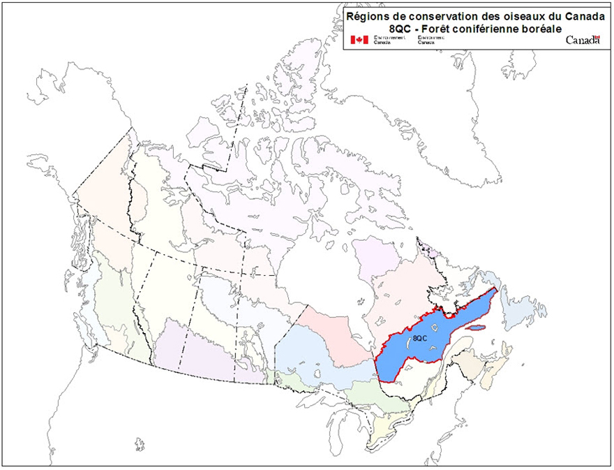 Carte des régions de conservation des oiseaux du Canada, avec la RCO 8 de la région du Québec