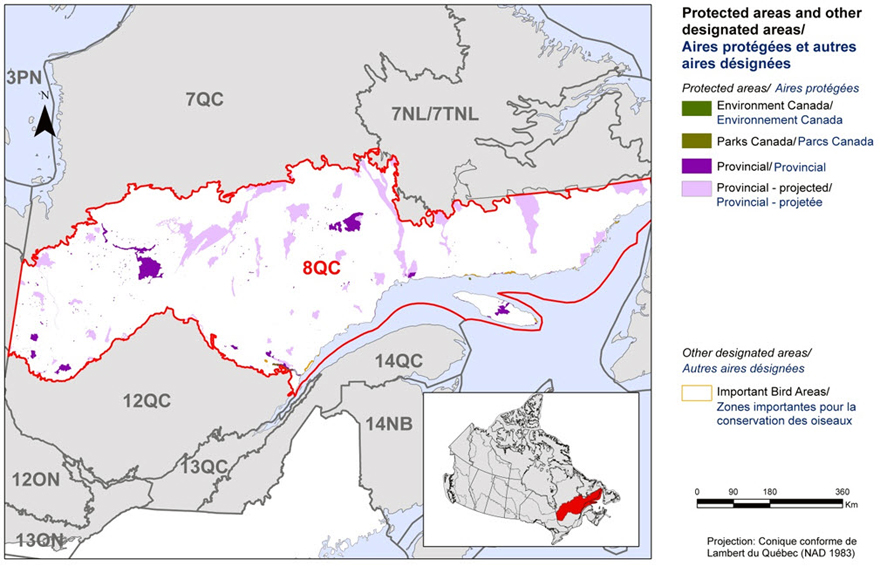 Carte des aires protégées dans la RCO 8 de la région du Québec: Forêt coniférienne boréale.