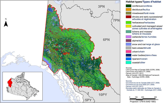 Map of the landcover in BCR 4 in Canada: Northwestern Interior Forest. The various habitat types that exist in BCR 4 are shown.