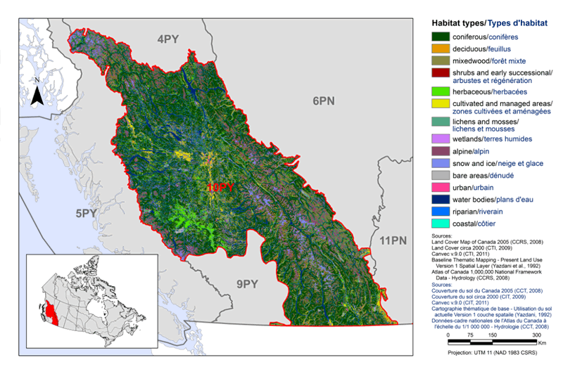 Map of the landcover in BCR 10 Pacific and Yukon Region: Northern Rockies. The various habitat types that exist in BCR 10 are shown